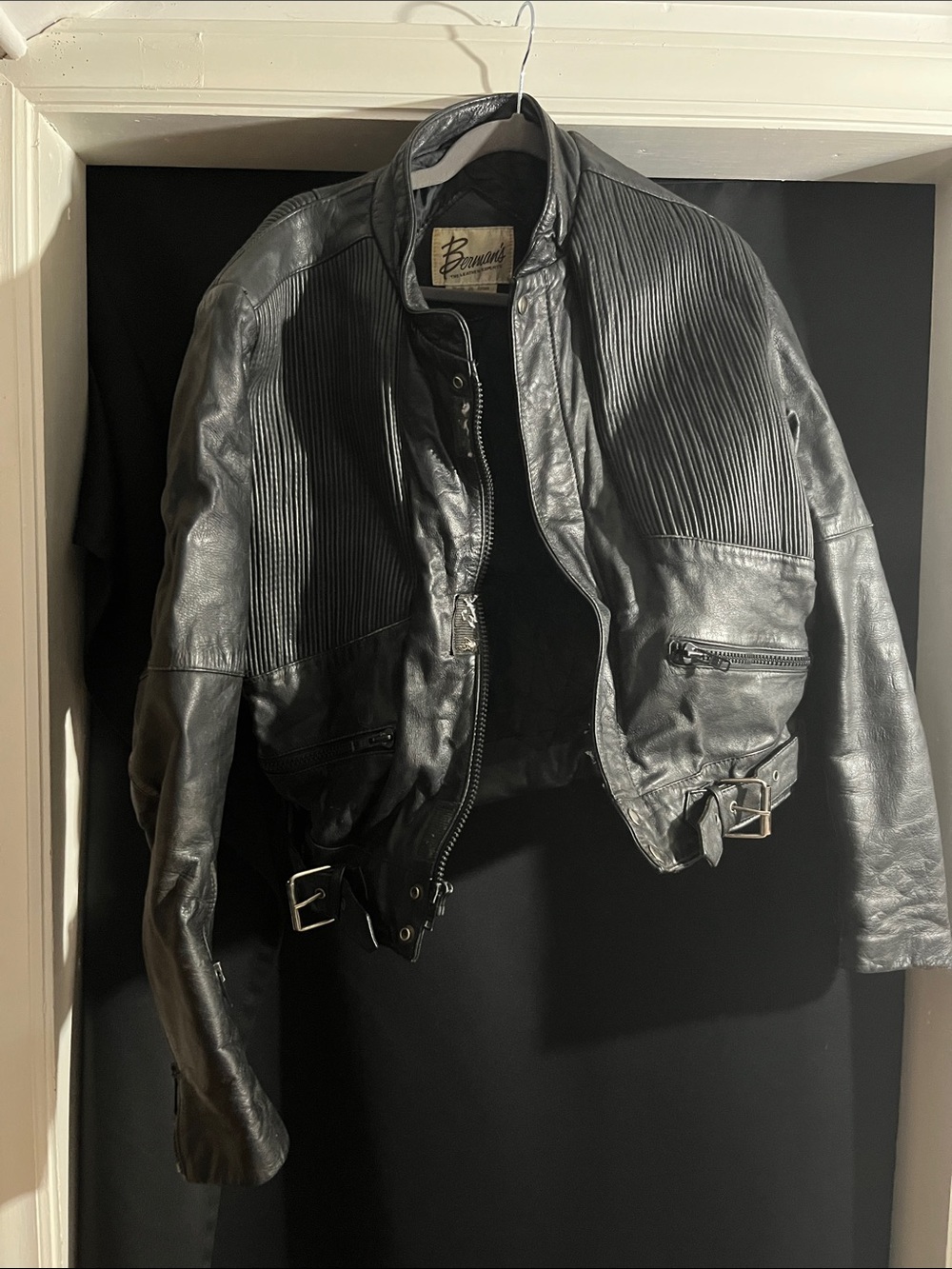 Bernardo Black Ribbed-Panel Leather Moto Jacket with Buckles